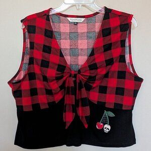 Royal Monk 3X buffalo plaid v-neck crop top skull cherry spiderweb EUC